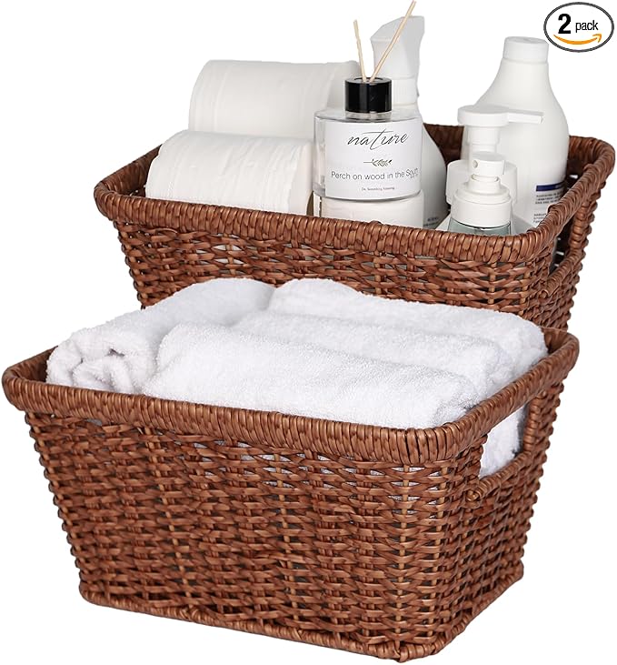 Wicker Basket for Shelves,Waterproof Woven Basket for Pantry,Storage Basket with Built-in Handles,Brown,2-Pack