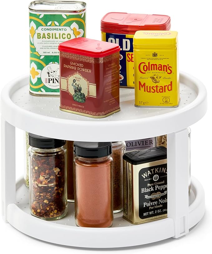madesmart 10" Two-Level Turntable, Tiered Spinning Organizer for Spices, Lazy Susan Organizer, Condiments & Pantry Items, Non-Slip Lining, Easy to Clean, White