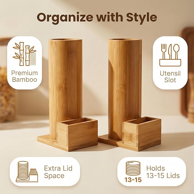Mason Jar Lid Holder & Organizer Bamboo Storage Rack for Regular and Wide Mouth Lids and Rings Space-Saving Kitchen Mason Jar Accessories 2 Pack Holds 24 Lids & 24 Rings