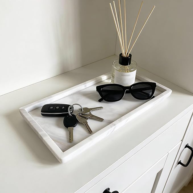 Natural Marble Vanity Bathroom Tray, 12 x 6 Inch Elegant Home Decor Tray for Kitchen,Bathroom,Dresser, Coffee Table,Sink Storage Holder Organizer, Jazz White (NS051)