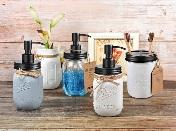 Mason Jar Bathroom Accessories Lids Set(4pcs) - Jars Not Included - Soap Dispenser, Apothecary Jars Lids for Regular Mouth Mason Jars, Wide Mouth Toothbrush Holder lid,-Stainless Steel,Black