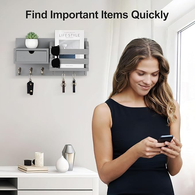 Wall Mount Key Holder with Mail Organizer, 100% Paulownia Wood, 7 Metal Hooks, Storage Drawer, Entryway Home Decor (Gray)