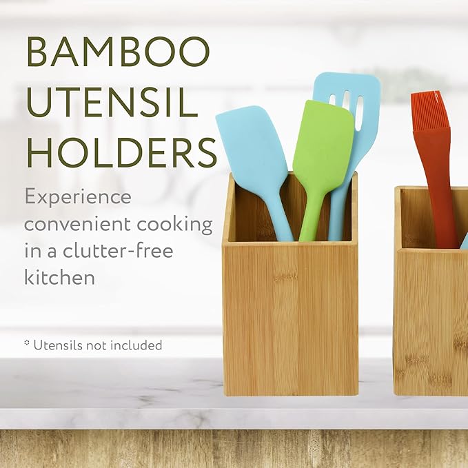 IMPRESA Wooden Kitchen Utensil Holder Set - Slanted Access Design & Silverware Organizer - Stylish Display & Countertop Organizer for Kitchen Organization - Natural Unfinished, Pack of 2