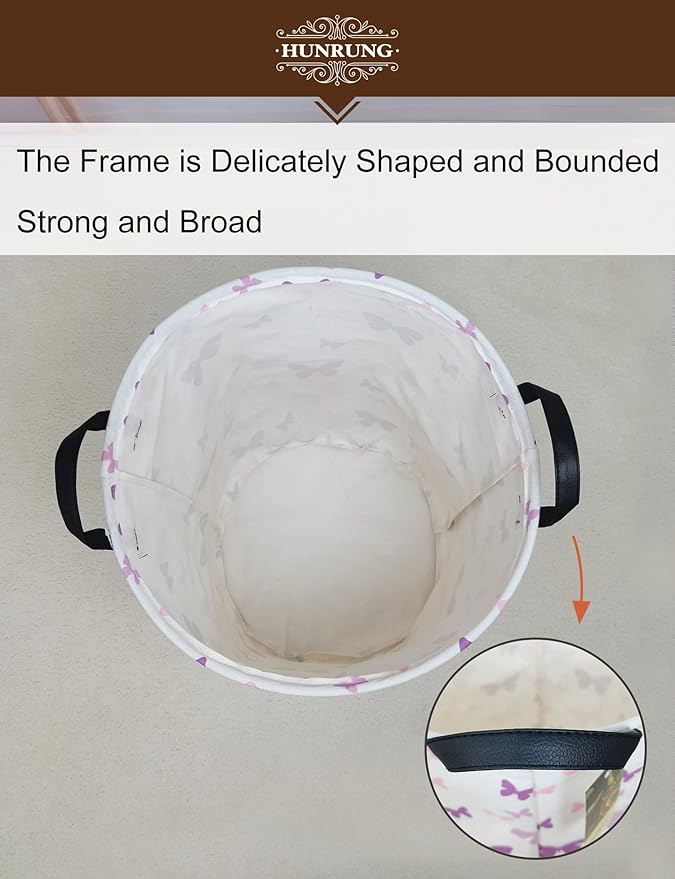 HUNRUNG Laundry Hamper,Large Canvas Fabric Lightweight Storage Basket Toy Organizer Dirty Clothes Collapsible Waterproof for College Dormsï¼Round-Butterflyï¼
