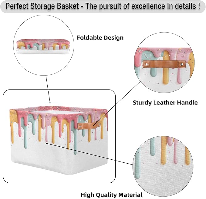 Cute Storage Bins for Organization, Canvas Book Storage Bins Handles, Bedroom Shelves Decorative Baskets for Organizing, Fabric Cube Bin Classroom Dorm Closet Organizer Box (Ice Cream)