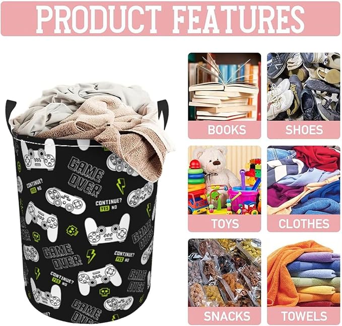 Game Controllers Pattern Round Laundry Hamper Gaming Joysticks Gamepad Storage Basket Toys Clothes Organizer Bin For Home Bathroom Bedroom Dorm Nursery, 38l