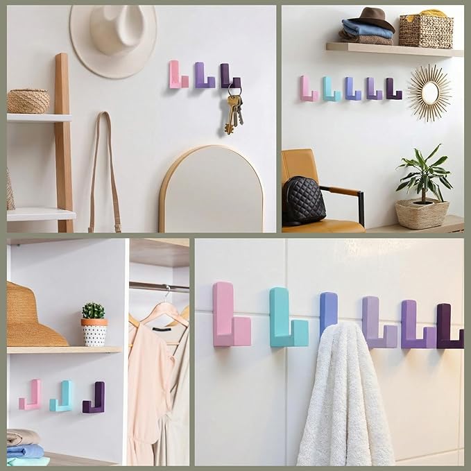 6 Pack Cute Kids Coat Wall Hooks Wooden Adhesive Decorative Colorful Wall Mounted Hangers Backpack Hooks for Hanging Keys Towel Clothes Bathroom Organization (Purple)