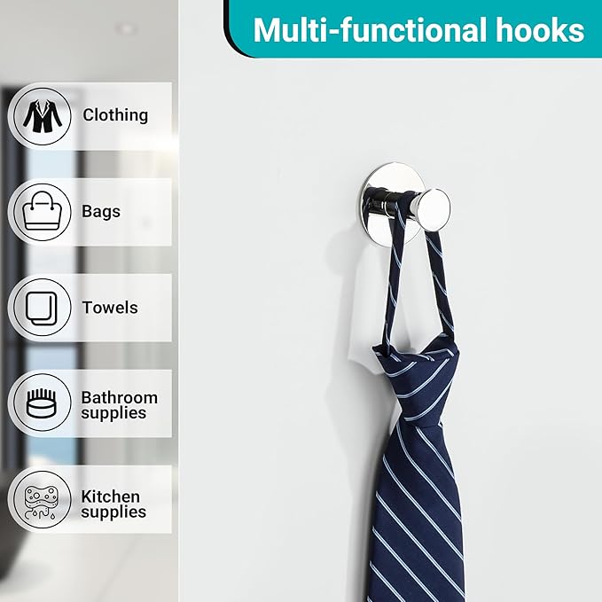 SAYAYO Self Adhesive Hooks for Hanging, Chrome Towel Hook for Bathrooms Coat Hooks Wall Mount, Stick on Hook SUS304 Stainless Steel, 4pcs