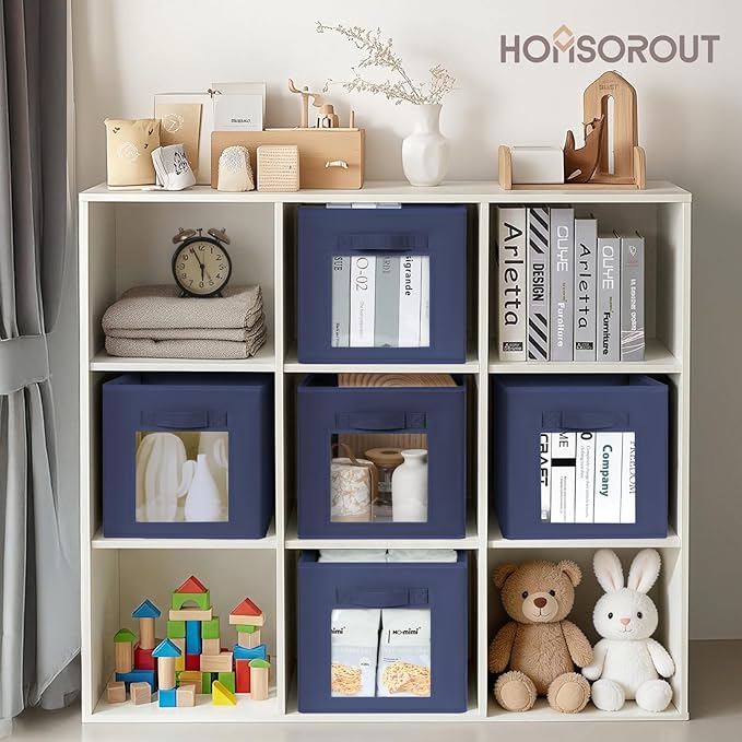 Storage Cube 11 Inch - Cube Storage Bins with Window, Closet Storage Baskets with Handle, Fabric Bins for Closet, Shelves, Toys, Clothes, Set of 12, Navy Blue
