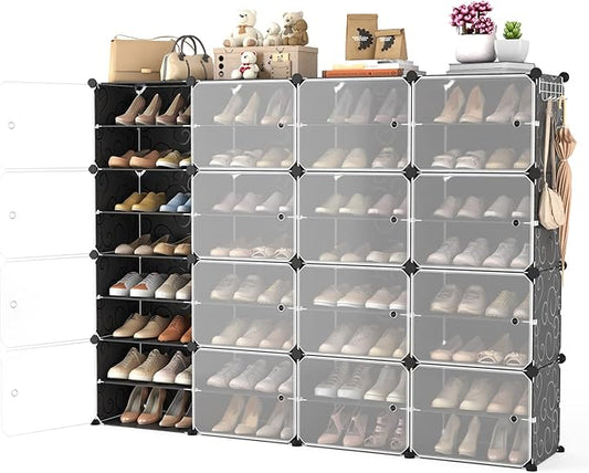 Portable Shoe Rack with Door, 64 Pairs Cabinet Easy Assembly, Plastic Adjustable Shoe Storage Organizer Stackable Detachable Free Standing DIY Expandable 8 Tier Black