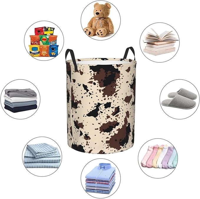 Highland Cow Texture Round Laundry Hamper Cowskin Print Storage Basket Toys Clothes Organizer Bin For Home Bathroom Bedroom Dorm Nursery, 62l