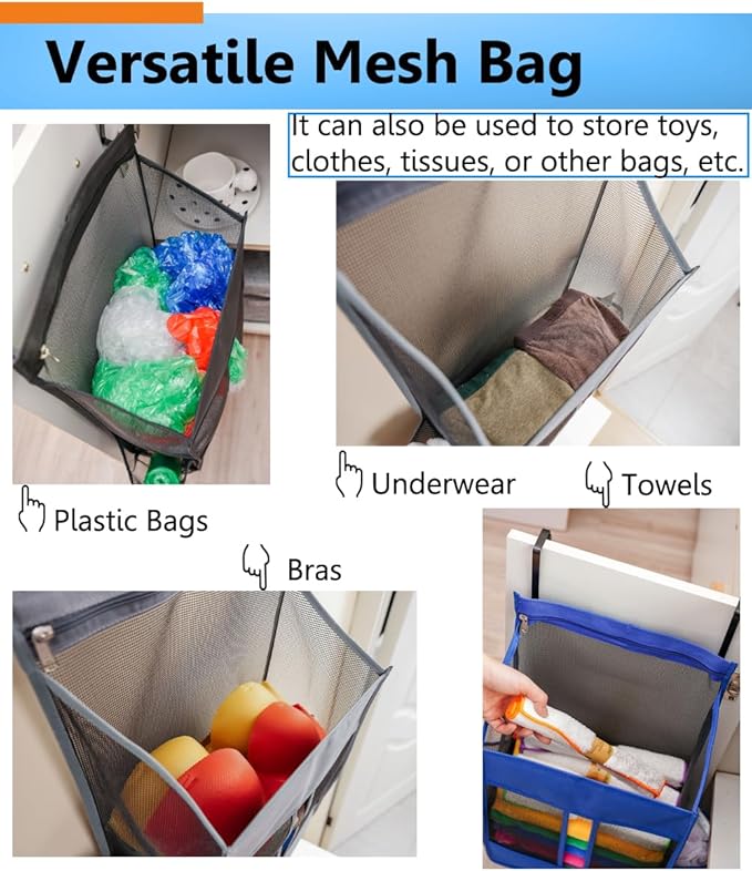 ALYER Hanging Plastic Grocery Bag Holder and Dispenser,Mesh Over the Cabinet Door Organizer with Easy-Access Openings for Kitchen Towel,Bras,Laundry,Installation Free (Blue, 21.7"H * 11.8"W * 5.9"D)