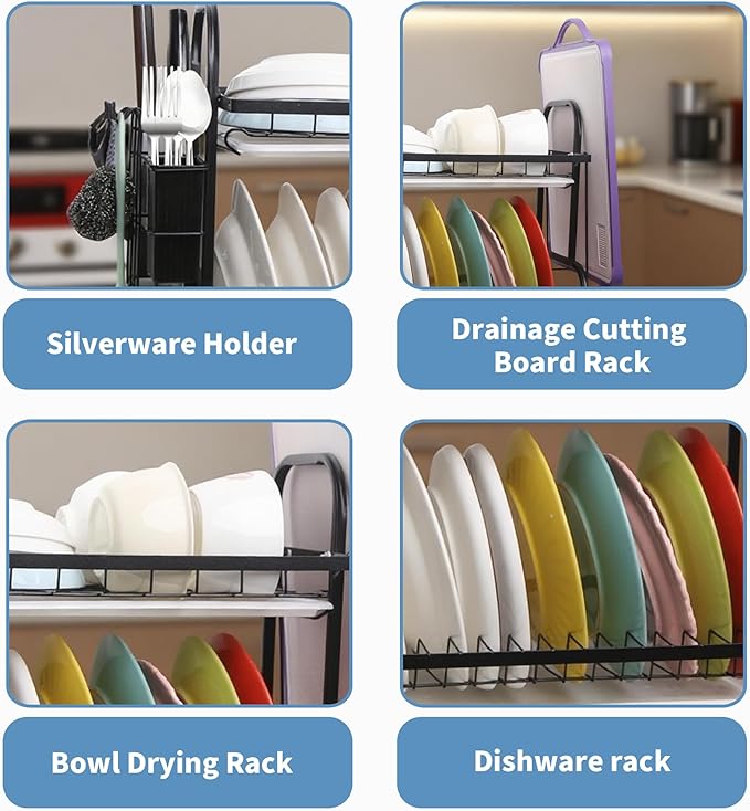 2 Tier Dish Drying Racks with Drainboard,Large Capacity Stainless Steel Dish Racks for Kitchen Counter,Kitchen Sink Organizer for Dishes,Utensils& Fork Knives,Cutting Boards Storage