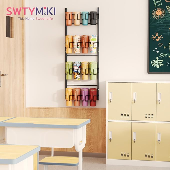 SWTYMIKI 4-Tier Water Bottle Organizer – Over the Door Stanley Cup Holder, Cup Organizer for Door or Wall Mount Option, Stanley Accessories for Pantry, Dorm, Office, RV Use, Black