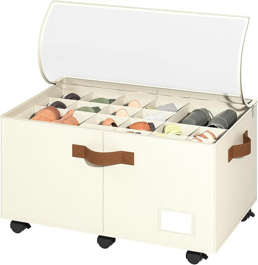 Shoe Organizer for Closet, Shoe Storage Organizer with Wheels and Adjustable Dividers, Stackable Shoe Storage Box with Clear Cover, Foldable Closet Shoe Organizer Fits up to 24-48 Pairs, Beige