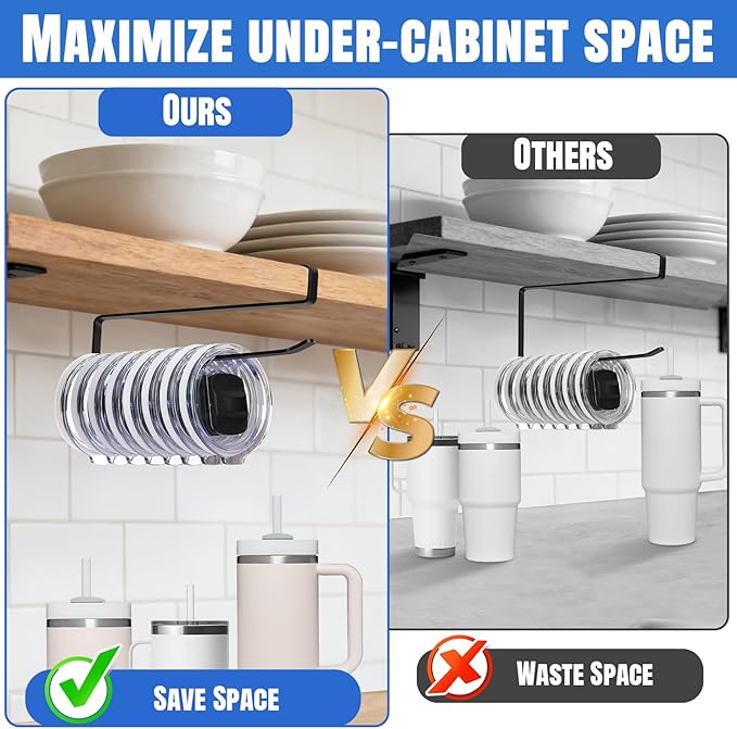 1 Pack Tumbler Lid Organizer, Versatile Cup & Water Bottle Lid Holder, Upgraded Kitchen Space Saver & Under Cabinet Storage, No Adhesive or Drilling Needed, Multi-Use Tumbler Lid Holder, Black