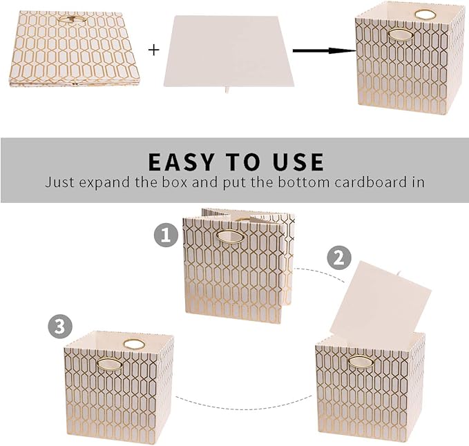 Posprica Storage Bins, Storage Cubes,13Ã13 Fabric Drawers Organizer Basket Boxes Containers (13Ã13Ã13/4pcs, Cream/gold geometry Pattern)