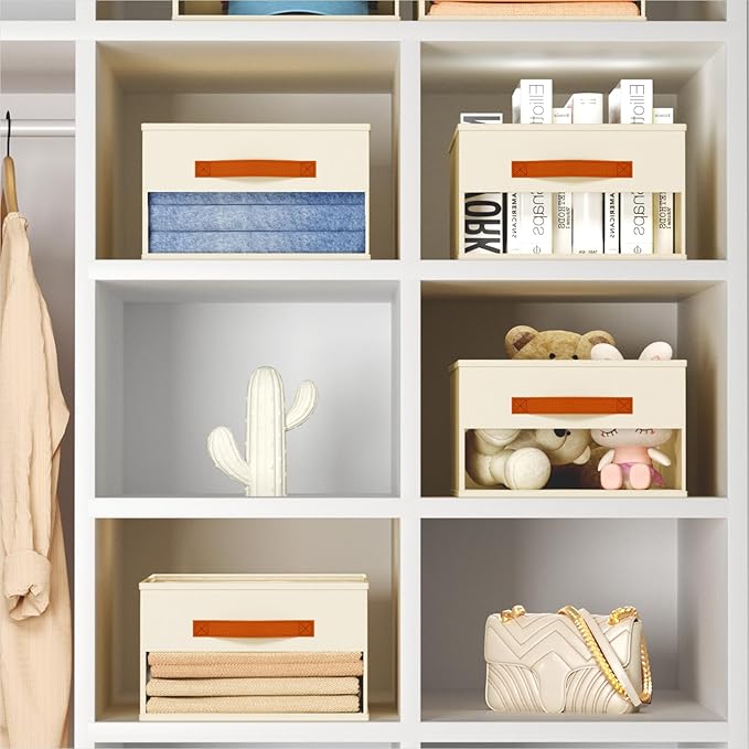 Drawer Organizers and Storage - 10 Pack Foldable Pants Organizer with Clear Window & Handles, Fabric Closet Organizer for Clothes, Jeans, Sweaters, Towels, T-shirt, Scarf (Beige)