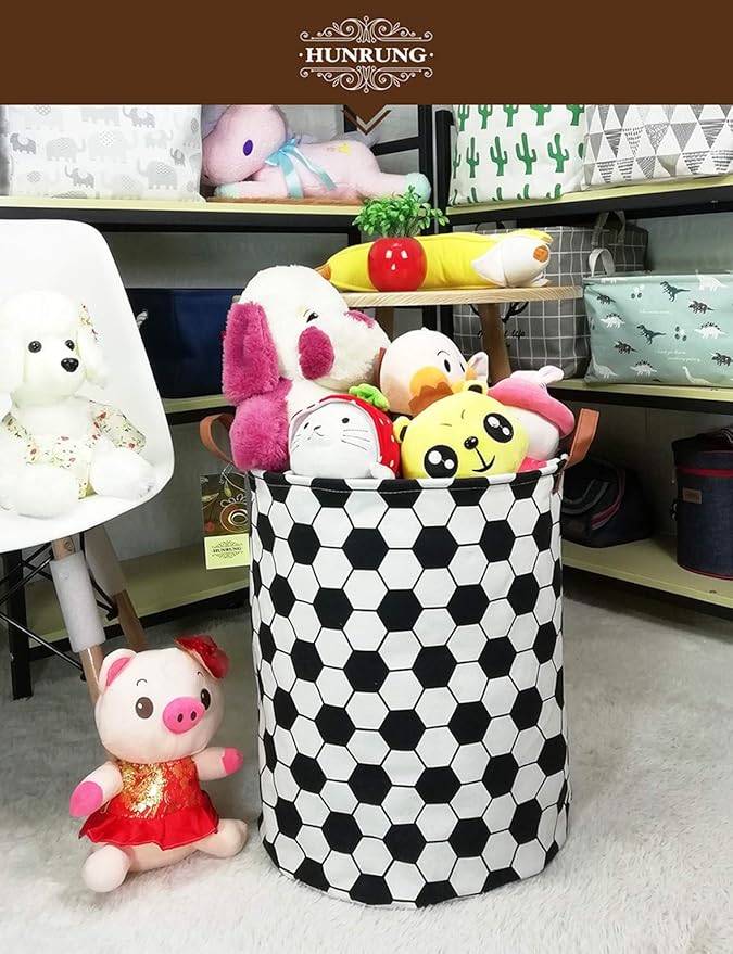 HUNRUNG Laundry Hamper,Large Canvas Fabric Lightweight Storage Basket Toy Organizer Dirty Clothes Collapsible Waterproof for College Dorms, Children Bedroom,Bathroomï¼Roud-Footballï¼