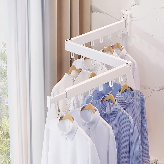 Clothes Drying Rack Wall Mounted,Drying Rack Clothing,Clothes Hanging Rack,Retractable,Collapsible(Tri-Fold), White Color(Ring)