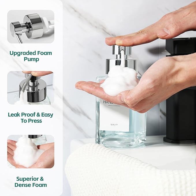 Foaming Soap Dispenser, 12oz/350ml Glass Hand Soap Dispenser Set, Refillable Foam Dispenser with Foaming Pump, Labels, Square Hand Dispenser for Bathroom, Kitchen 2 Pack