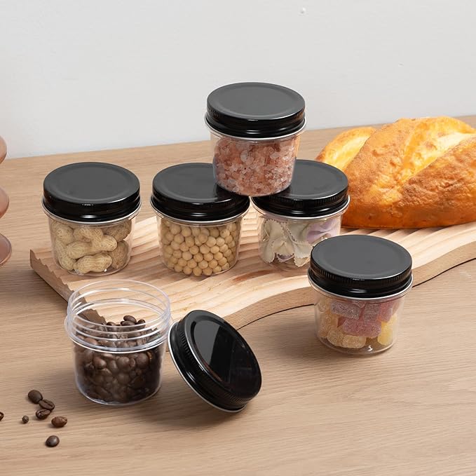 novelinks 4 oz Plastic Mason Jars with Lids, 60 Pack Small Containers with Lids 4oz, Slime Containers & Cake Jars & Small Spice Jars for Kitchen Organization (60 Pack,Black)