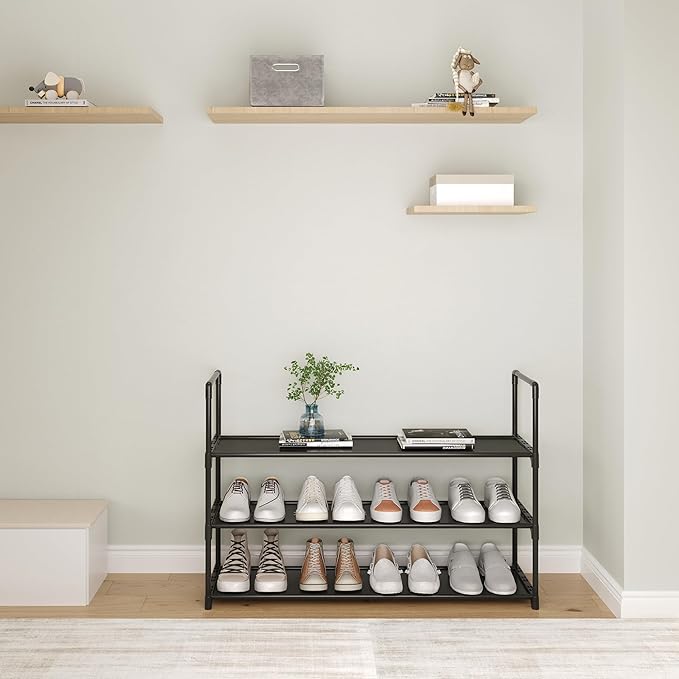 3-Tier Shoe Rack, Stores 12-15 Pairs of Shoes, Stackable & Adjustable, Space Saving Shelf Storage Organizer for Entryway, Hallway and Closet,Black
