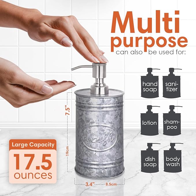 Autumn Alley Galvanized Farmhouse Soap Dispenser Kitchen - Rustic Soap Dispenser for Bathroom - Stainless Steel Pump for Hand Wash, Sanitizer, Lotion, Rustic Bathroom Accessories,17.5 oz, Grey