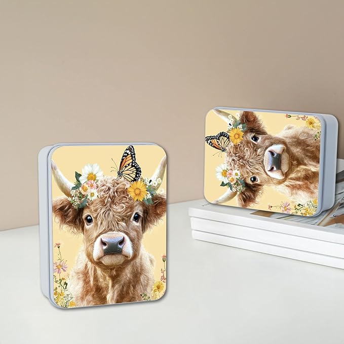 Metal Tin Box with Lid,Multi-functional Storage Box Can Store Tea Biscuits Game Cards, Playing & Tarot Cards-Comes with 4 Magnetic Cord Clips,Cute Cow Butterfly