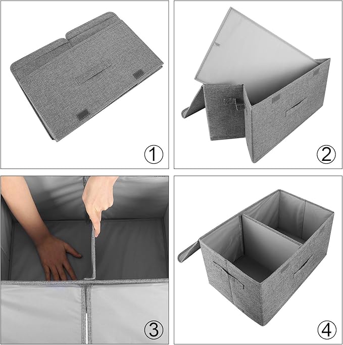 2 Pack Storage Boxes with Lids and Handles, Collapsible Linen Storage Bins Organizer Containers Baskets Cube with Removable Divider for Home Bedroom Closet Office (Orange, Large)