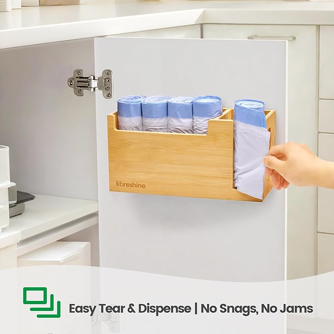 Bamboo Trash Bag Dispenser & Holder 1.2–4 Gallon, No-Drill Adhesive Wall Mount & Cabinet Door, Fits Up to 3.3” Diameter Rolls, Mini Garbage Bag Organizer for Kitchen Under Sink