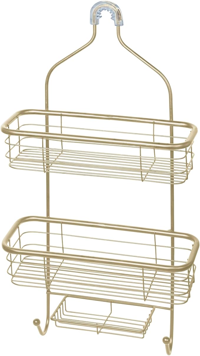 Gold Shower Caddy Hanging Organizer | Rustproof Bathroom Shelf with Hooks & Basket Storage | Over Showerhead Caddy for Shampoo, Soap, Towels | Sleek Bathroom Organizer | Gold