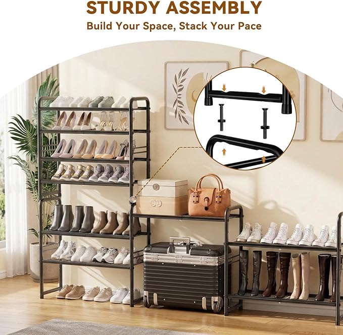 4 Tier Shoe Rack, 32.5" Wide Stackable Sturdy Metal Shoe Shelf Storage Organizer with Height-Adjustable for Entryway, Closet, Black