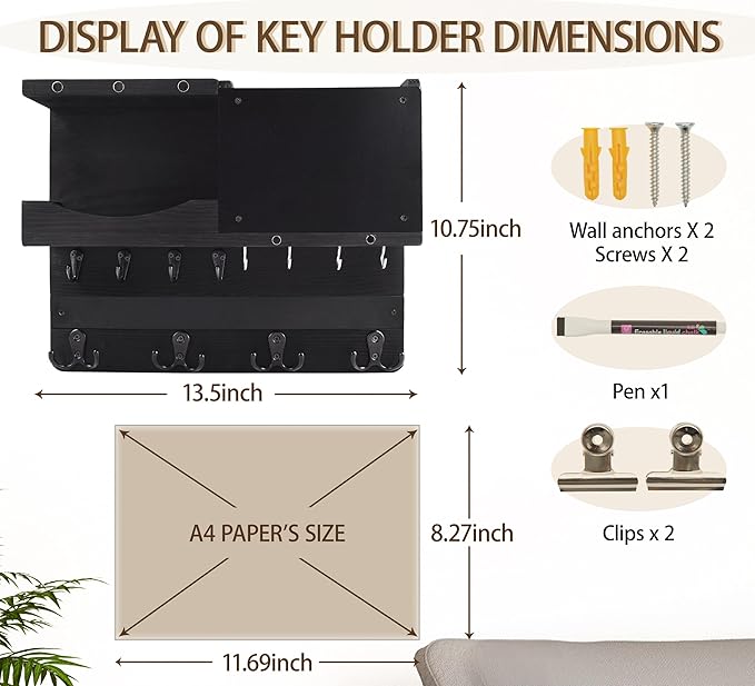 Key Holder for Wall Mount with Shelf and Mail Organizer, Key and Mail Holder with 16 Hooks, Farmhouse Entryway Organizer, Home Decor Rack (Pine Wood, Black)