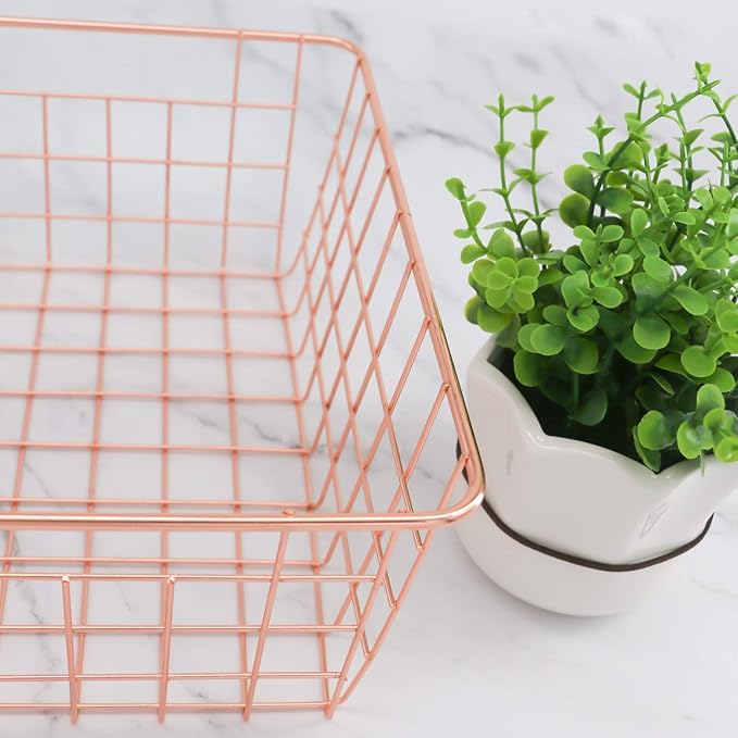 Metal Wire Storage Basket with Handles for Kitchen Food Pantry Papers Home Office Desk Bathroom Laundry Room Bedroom Bed Room Organizer, Rose Gold