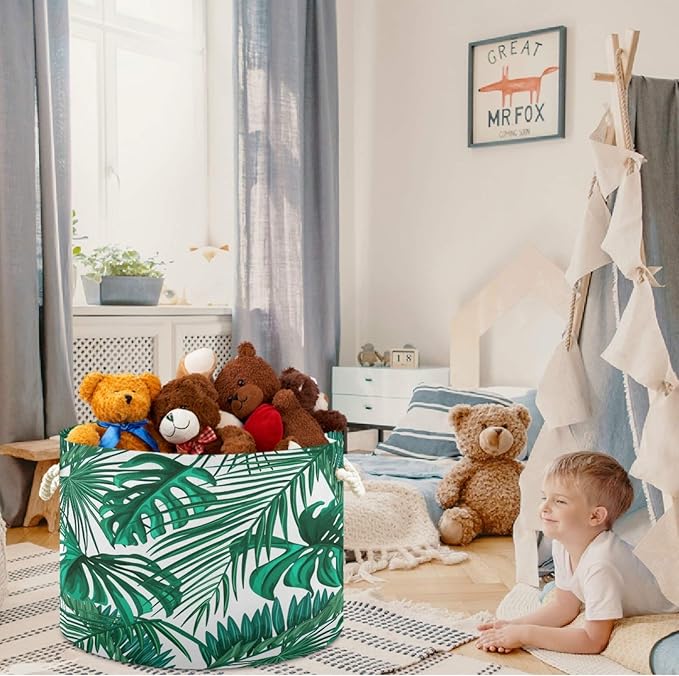 visesunny Storage Basket Tropical Palm Leaf Nursery Hamper Canvas Fabric Toy Storage Organizer Bin Storage Box Laundry Basket for Kid Rooms,Playroom,Shelves,Toy Basket