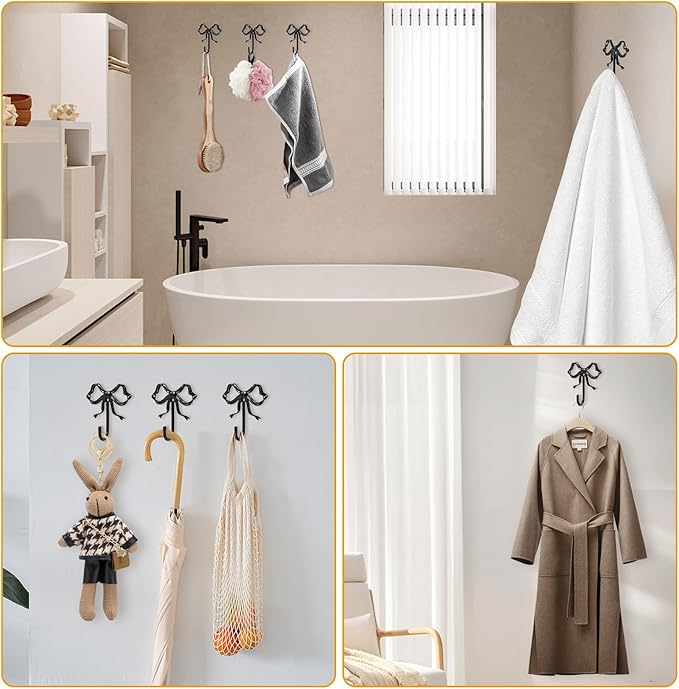 4 PCS Large Size Black Bow Wall Hook, Black Coat Hook, Metal Hooks, Bow Room Decor Hooks for Coats, Coffee Mugs, Hats, Bags, Bath Towels and Room Decorations