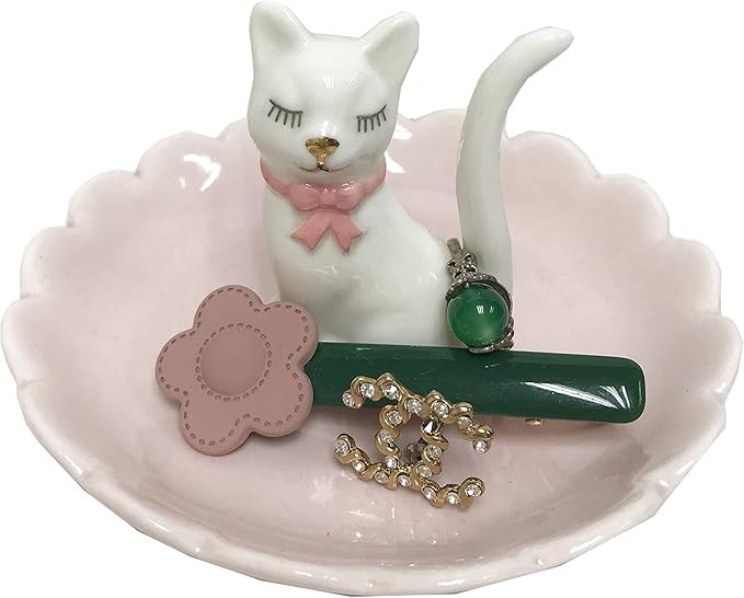 ROSA&ROSE Cat Ring Holder Trinket Tray Ceramic Jewelry Dish Decorative Ring Holder/Trinket Tray Engagement Wedding Birthday Gifts for Women Her (White/Pink)