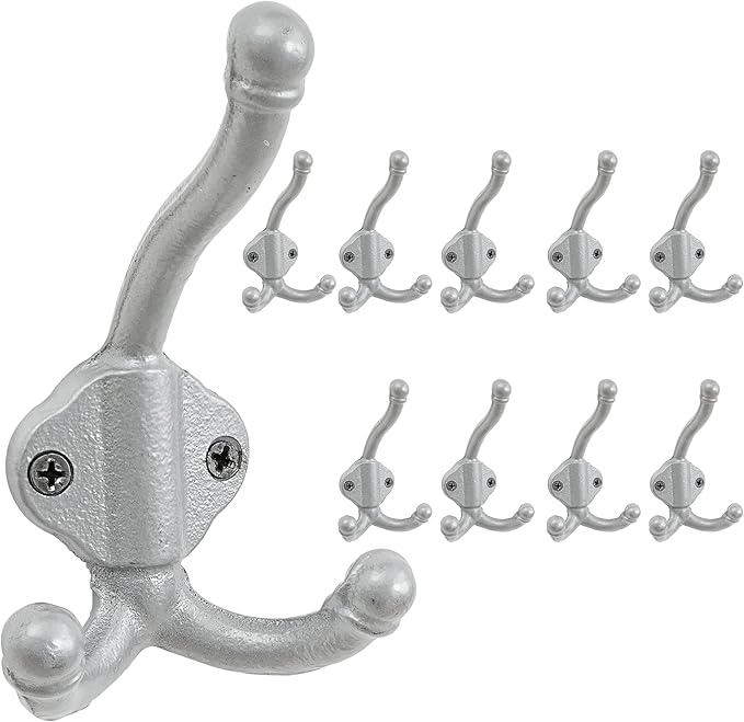 Dseap Cast Iron Wall Hooks L=5”, Heavy Duty Coat Hooks, Rustic Vintage Farmhouse Hook for Hanging Winter Coats Jackets Towels Hats Bags Plants, Silver, Pack of 10 (GripBold)