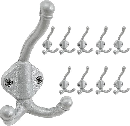 Dseap Cast Iron Wall Hooks L=5”, Heavy Duty Coat Hooks, Rustic Vintage Farmhouse Hook for Hanging Winter Coats Jackets Towels Hats Bags Plants, Silver, Pack of 10 (GripBold)