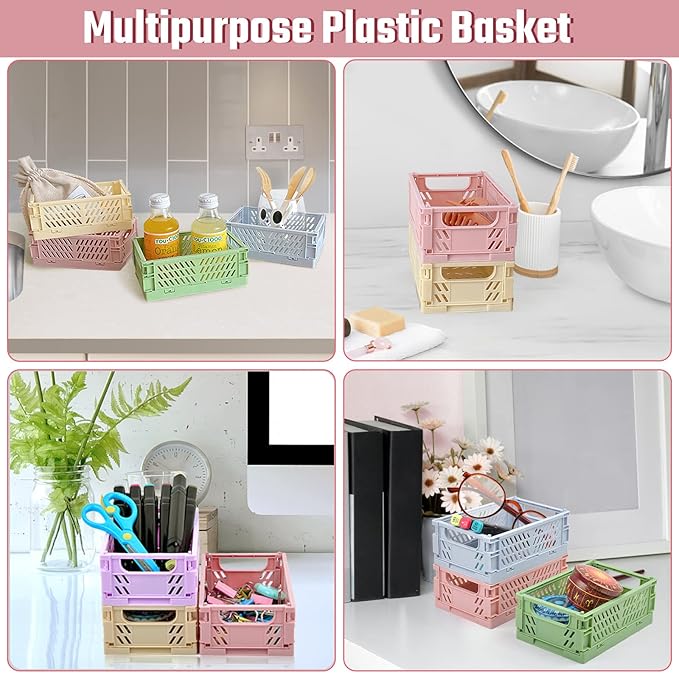 6-Pack Mini Plastic Storage Basket for Shelves Organizing, Small Basket Folding Plastic Crate Compact Storage Bin Organization for Classroom Home Kitchen Office,Christmas/New Year's/Thanksgiving Gifts