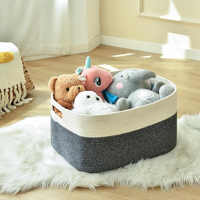 Large Blanket Basket, Rectangle Woven Baskets for Storage, Blanket Storage for Living Room, Cotton Rope Basket for Toys，Big Storage Basket for Blankets