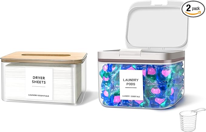 2 Pack Laundry Pods Container and Dryer Sheet Holder for Laundry Room Organization, Laundry Pod Up Holder with 30 Labels and Scoops, Laundry Detergent Powder Container, Scent Booster Holder