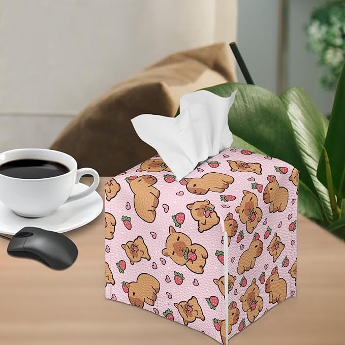 Capybara Strawberry Tissue Box Covers Foldable Square Facial Tissue Case Waterproof Facial Paper Organizers Dispenser for Bathroom Night Stand