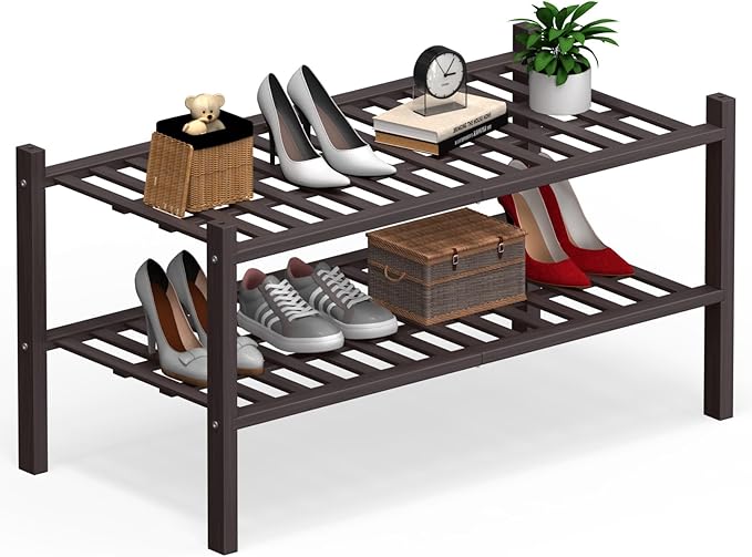 Haddockway Large 2 Tier Bamboo Shoe Rack Storage Organizer, Multifunctional Free Standing Stackable Shoe Shelf with Grid Panel for Closet,Hallway,Entryway,Small Space 27"x12"x14"