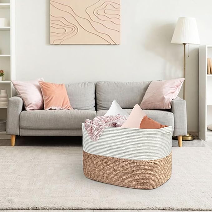 108L Super Large Blanket Basket, 25" x 16" x 16" Woven Jumbo Basket for Blankets, Toys, Laundry, Extra Large Cotton Rope Pillow Holder Organizer, Entryway Shoes Bin, Living Room Storage