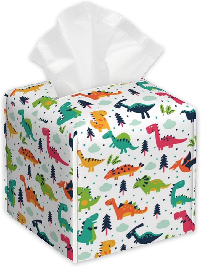 Funny Dinosaurs Tissue Box Cover Square,Cartoon Clouds Trees Tissue Box Holder with Belt Bottom,Stylish Leather Napkin Holder for Vanity Countertop,Nightstands,Office Desk,5.2"Ã5.2"Ã5.2"