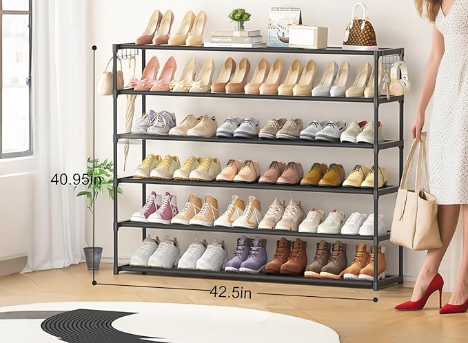 Extra Long Shoe Rack 6 Tier Shoe Storage Organizer with 2 Hooks, Wide Stackable Shoe Organizer Racks for Closet Entryway,Shoe Shelf Stand Sturdy Durable Shoes Holder Up to 39Pairs, Black