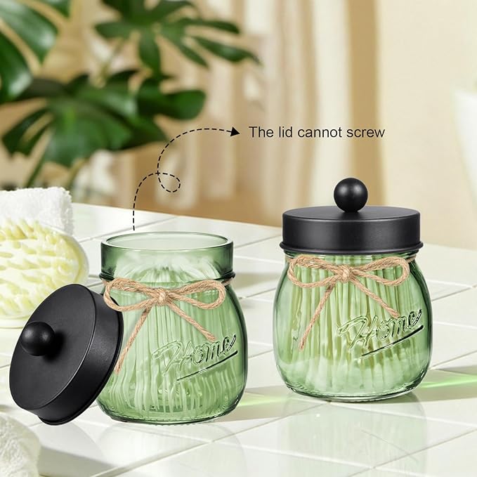 Amolliar 4PCS Bathroom Accessories Set (Lotion Soap Dispenser, Toothbrush Holder, 2 Qtip Holders), Rustic Farmhouse Decor, Green Glass Organizer for Countertop & Vanity, Bathroom Essentials, Black