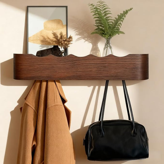 Wall Coat Rack Floating Shelves Modern Coat Rack Wall Mount with Storage Entryway Shelf Wooden Hanger 20 Inch 4 Hidden Metal Hooks for Living Room Bedroom (Wavy Walnut Color, 5 Hooks)